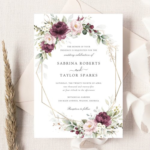 Floral Mauve Blush Pink Greenery Gold Wedding Invitation