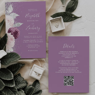 Floral Mauve Blush Silver Glitter QR Code Wedding Invitation