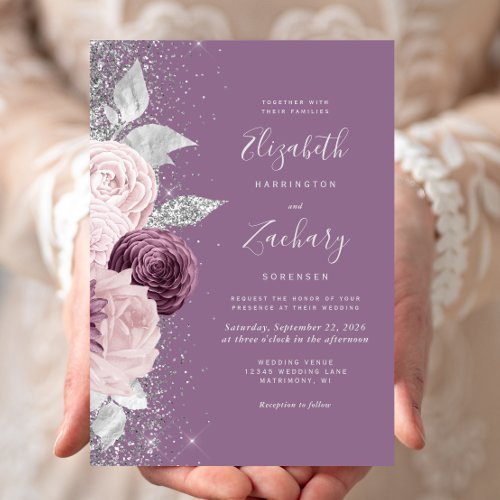 Floral Mauve Blush Silver Glitter Wedding Invitation