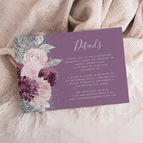 Floral Mauve Blush Silver Wedding Details Enclosure Card