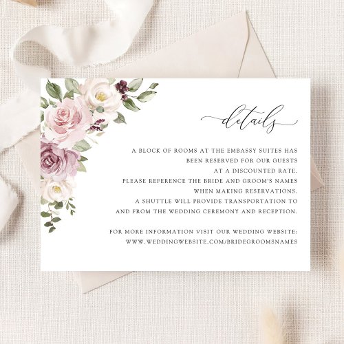 Floral Mauve Blush Wedding Insert Details Card
