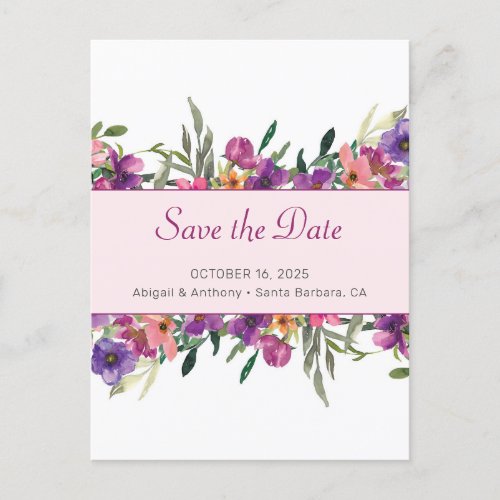 Floral Mauve Botanical Watercolor Save the Date Announcement Postcard