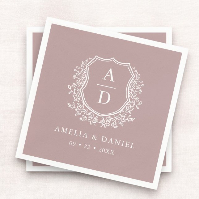 Floral Mauve Crest Wedding Monogram Napkins (Creator Uploaded)
