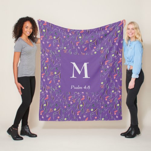 FLORAL Mauve Lilac  MONOGRAM  Christian Fleece Blanket