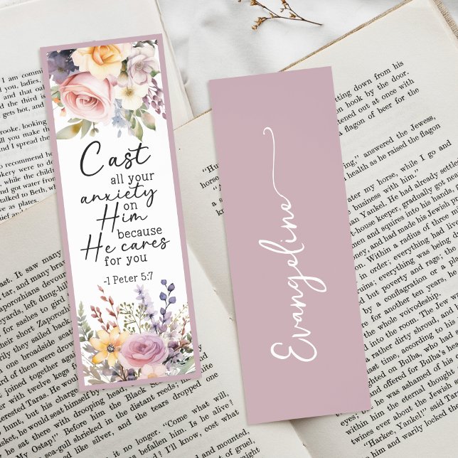 Floral Mauve Religious Bible Verse Custom Name Bookmarks (Creator Uploaded)