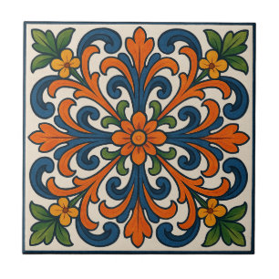 Floral Medallion Hand-Painted Style Ceramic Tile