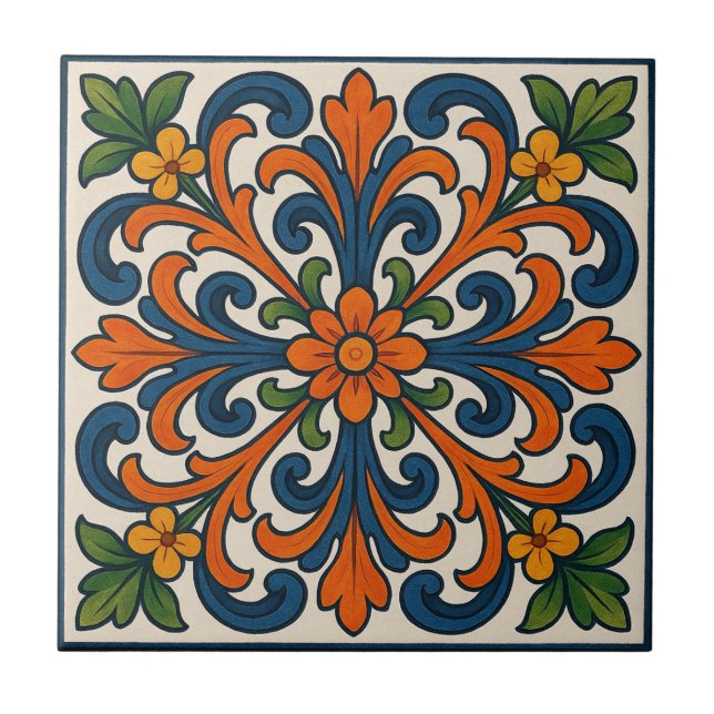 Floral Medallion Hand-Painted Style Ceramic Tile (Front)