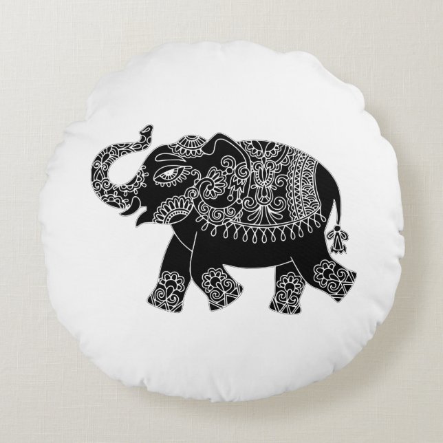 Floral Mehedi Elephant Round Pillow (Front)
