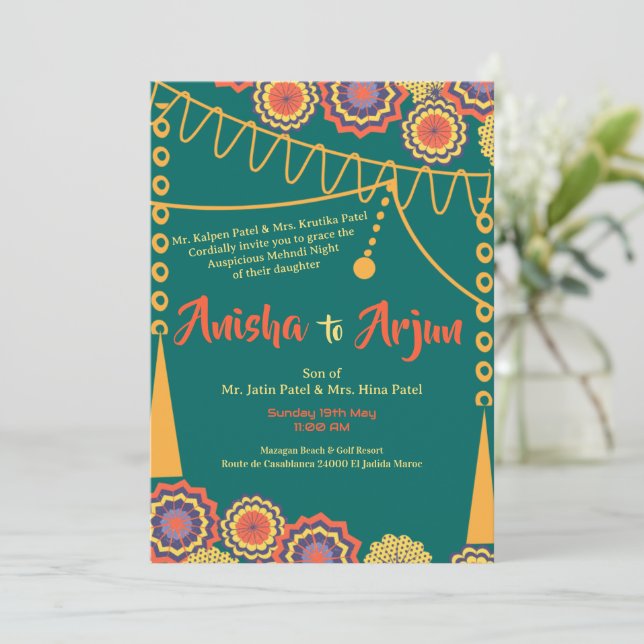 Floral Mehndi Night Ceremony Indian Wedding  Invitation (Standing Front)