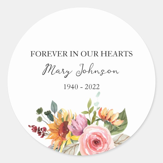 Floral Memorial Funeral Classic Round Sticker (Front)