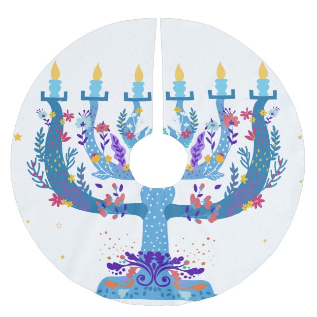 floral menorah hanukkah brushed polyester tree skirt (Front)