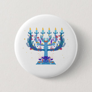 floral menorah hanukkah button