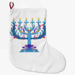 floral menorah hanukkah large christmas stocking