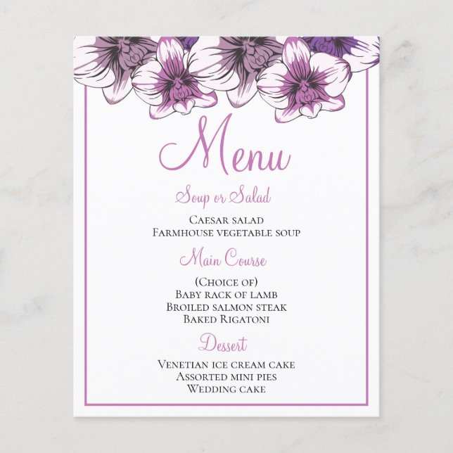 Floral Menu Purple Orchid Flowers Wedding Party (Front)