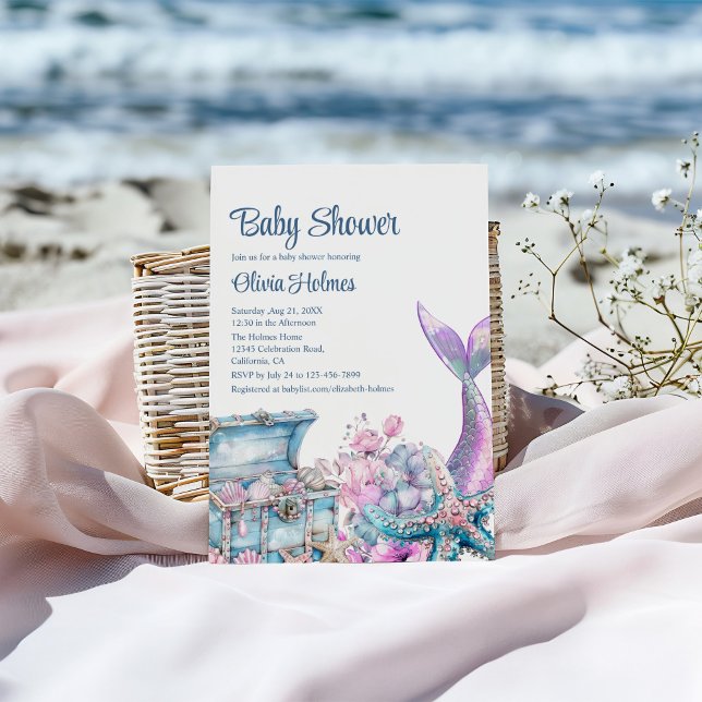 Floral Mermaid Tail Starfish Baby Shower Invitation (Floral Mermaid Tail Starfish Baby Shower Invitation on a sunny beach.)
