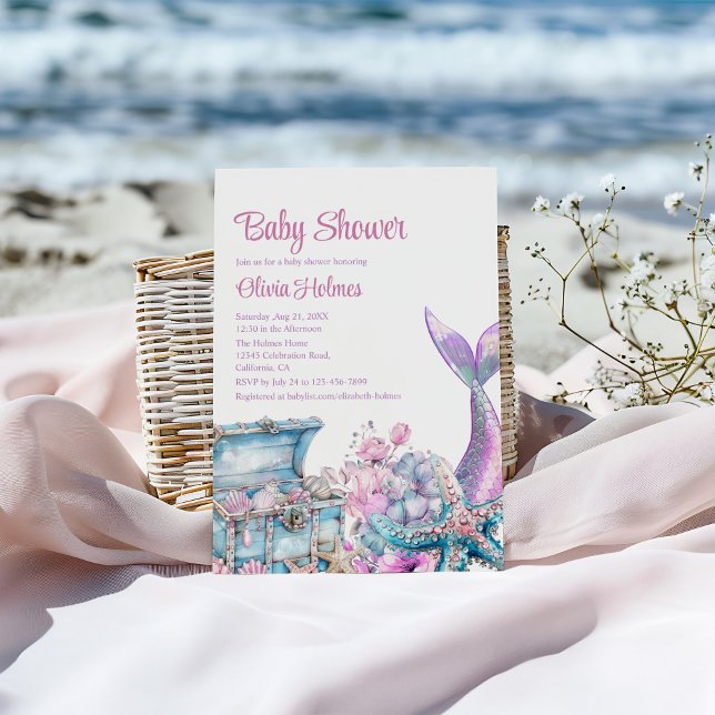 Floral Mermaid Tail Starfish Baby Shower Invitation (Floral Mermaid Tail Starfish Baby Shower Invitation on a sunny beach.)