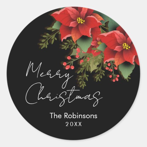 Floral Merry Christmas Holiday Poinsettia Black  Classic Round Sticker