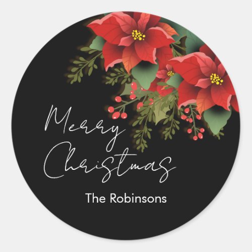 Floral Merry Christmas Holiday Poinsettia Black  Classic Round Sticker