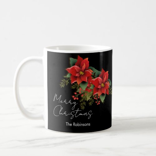 Floral Merry Christmas Holiday Poinsettia Black  Coffee Mug