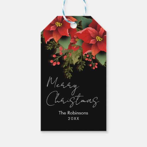 Floral Merry Christmas Holiday Poinsettia Black  Gift Tags