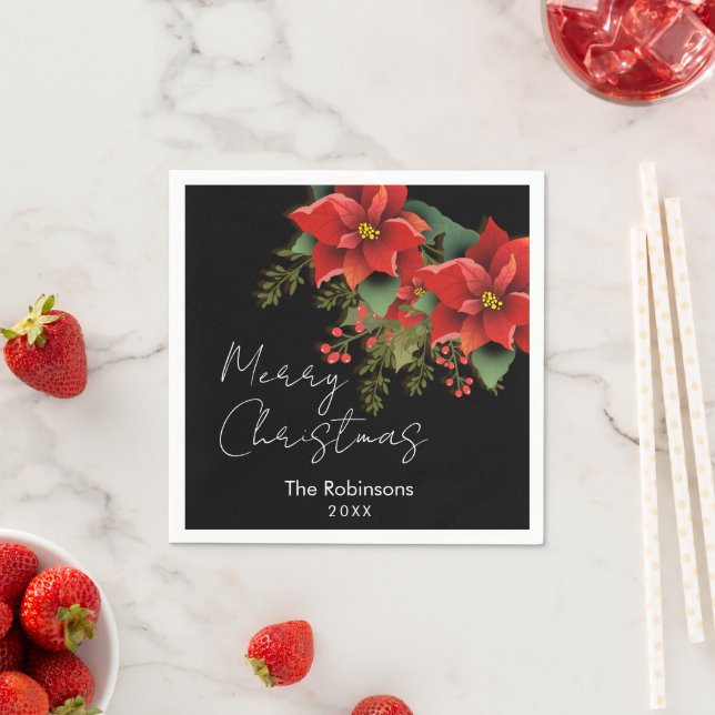Floral Merry Christmas Holiday Poinsettia Black  Napkins (Insitu)