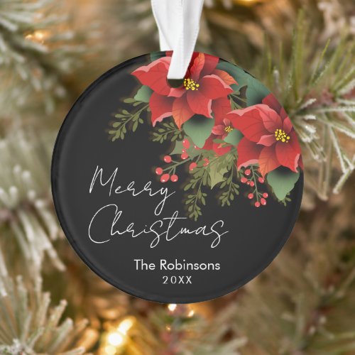 Floral Merry Christmas Holiday Poinsettia Black  Ornament