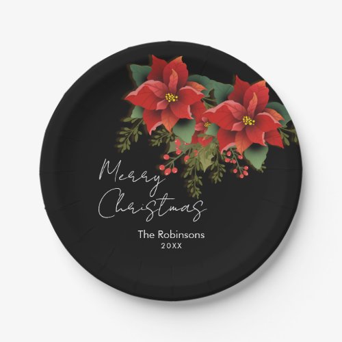 Floral Merry Christmas Holiday Poinsettia Black  Paper Plates