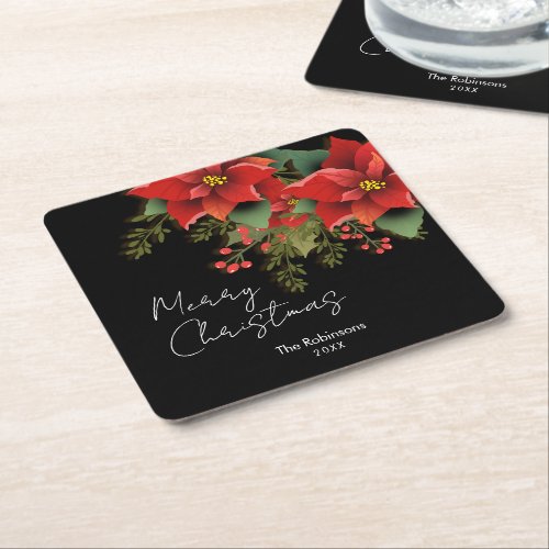 Floral Merry Christmas Holiday Poinsettia Black  Square Paper Coaster