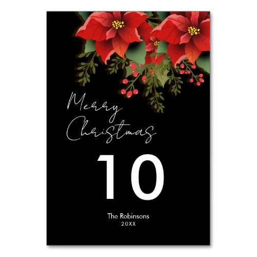 Floral Merry Christmas Holiday Poinsettia Black  Table Number