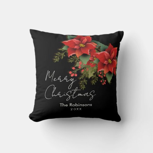 Floral Merry Christmas Holiday Poinsettia Black  Throw Pillow