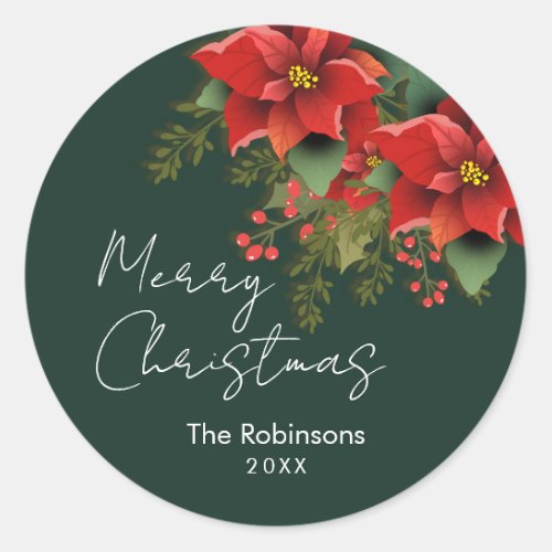 Floral Merry Christmas Holiday Poinsettia Green Classic Round Sticker