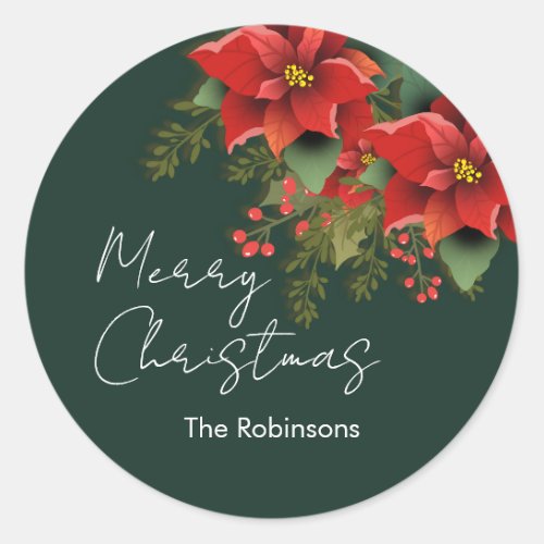 Floral Merry Christmas Holiday Poinsettia Green Classic Round Sticker