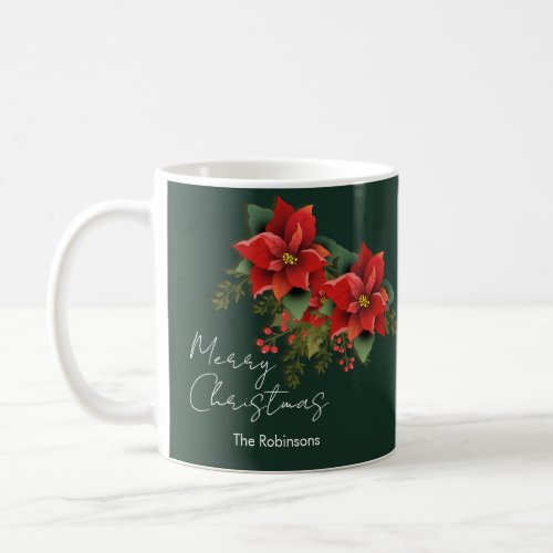 Floral Merry Christmas Holiday Poinsettia Green Coffee Mug