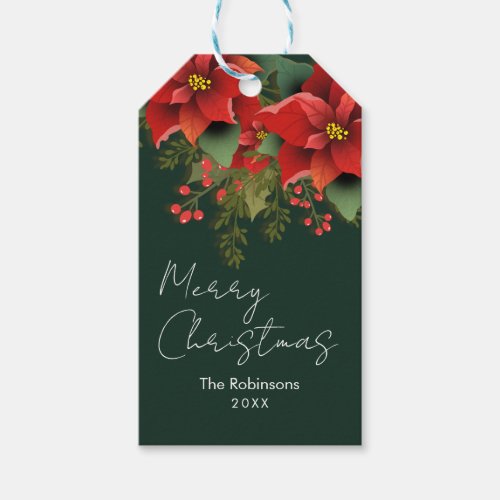 Floral Merry Christmas Holiday Poinsettia Green Gift Tags