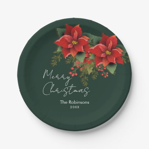 Floral Merry Christmas Holiday Poinsettia Green Paper Plates