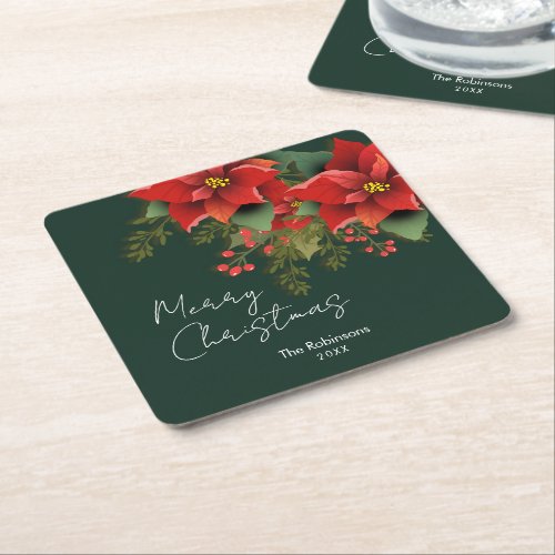 Floral Merry Christmas Holiday Poinsettia Green Square Paper Coaster