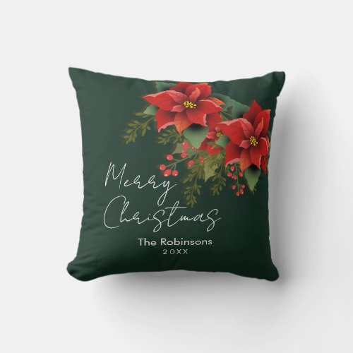  Floral Merry Christmas Holiday Poinsettia Green Throw Pillow