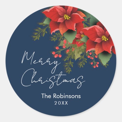 Floral Merry Christmas Holiday Poinsettia Navy  Classic Round Sticker