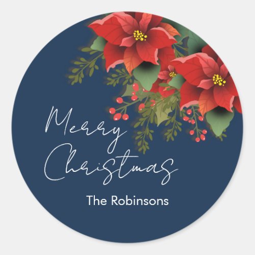 Floral Merry Christmas Holiday Poinsettia Navy  Classic Round Sticker