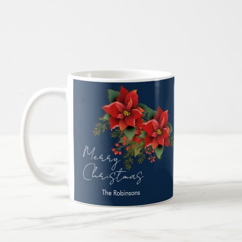 Floral Merry Christmas Holiday Poinsettia Navy  Coffee Mug