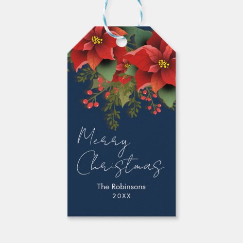 Floral Merry Christmas Holiday Poinsettia Navy  Gift Tags