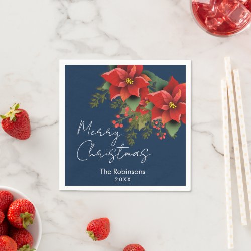 Floral Merry Christmas Holiday Poinsettia Navy  Napkins