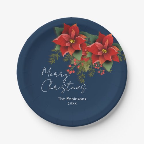 Floral Merry Christmas Holiday Poinsettia Navy  Paper Plates