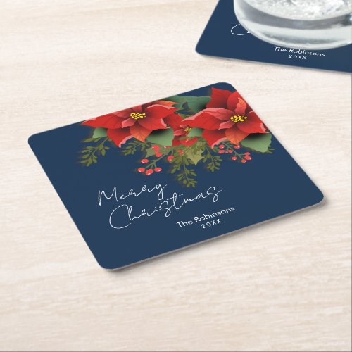 Floral Merry Christmas Holiday Poinsettia Navy  Square Paper Coaster