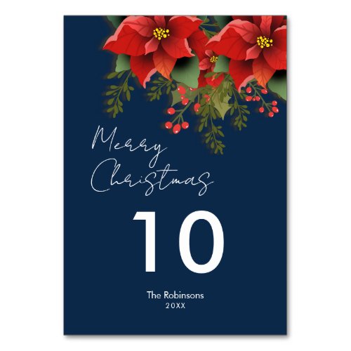 Floral Merry Christmas Holiday Poinsettia Navy  Table Number