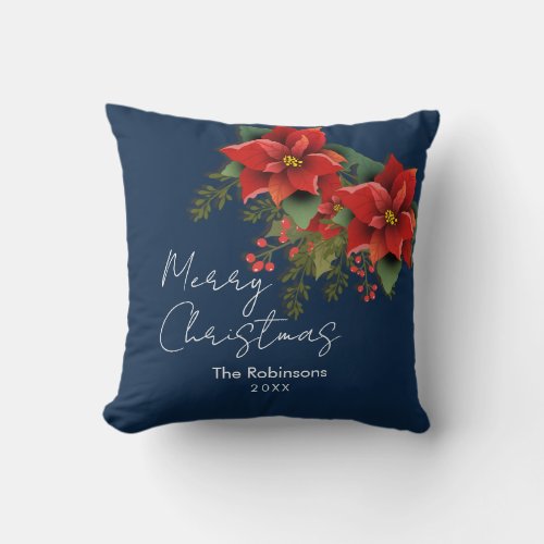 Floral Merry Christmas Holiday Poinsettia Navy  Throw Pillow