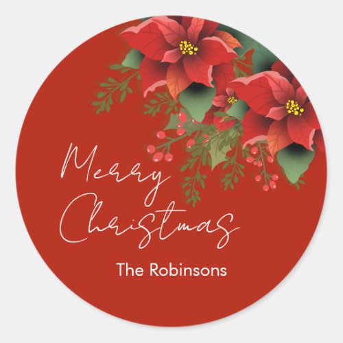 Floral Merry Christmas Holiday Poinsettia Red  Classic Round Sticker