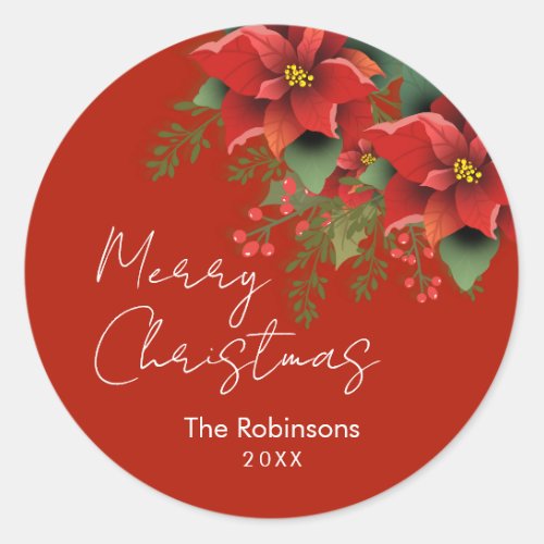 Floral Merry Christmas Holiday Poinsettia Red  Classic Round Sticker