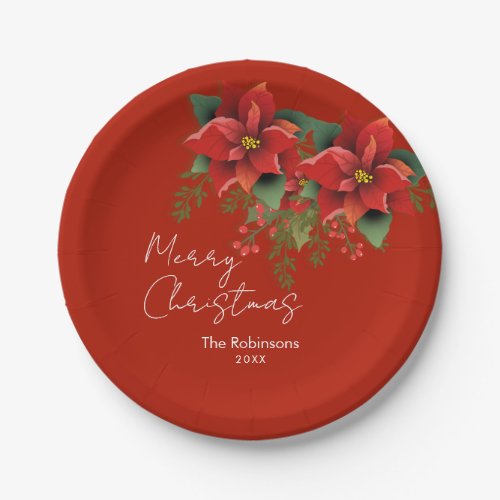 Floral Merry Christmas Holiday Poinsettia Red  Paper Plates