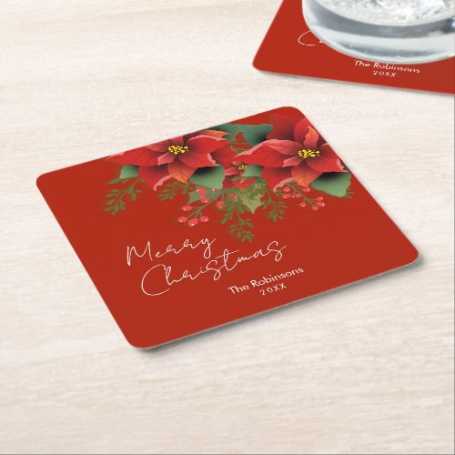 Floral Merry Christmas Holiday Poinsettia Red  Square Paper Coaster